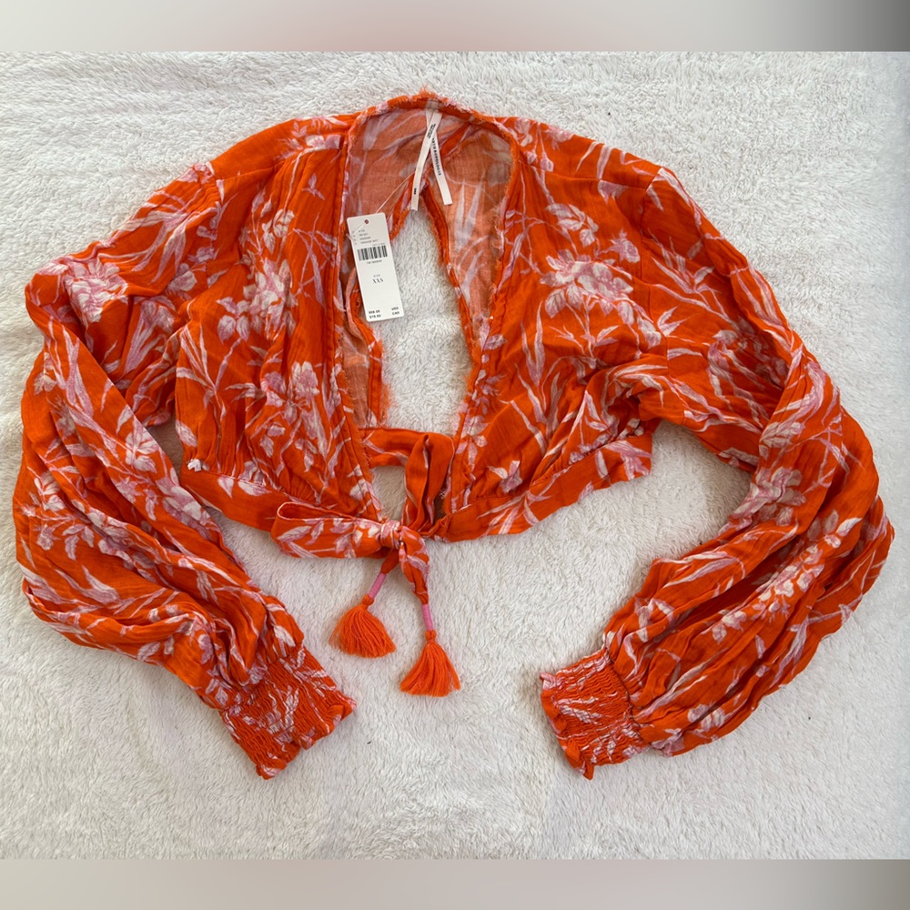 Anthropologie Tie Front Guaze top in Orange Motif